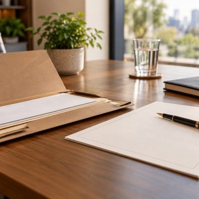 Pasta, caderno e caneta sobre uma mesa de atendimento; imagem ilustrativa de investigação particular